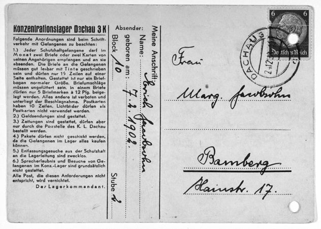 Postcard sent from the Dachau concentration camp by Jewish prisoner, Erich Jacobsohn, to his wife Margarete in Bamberg.